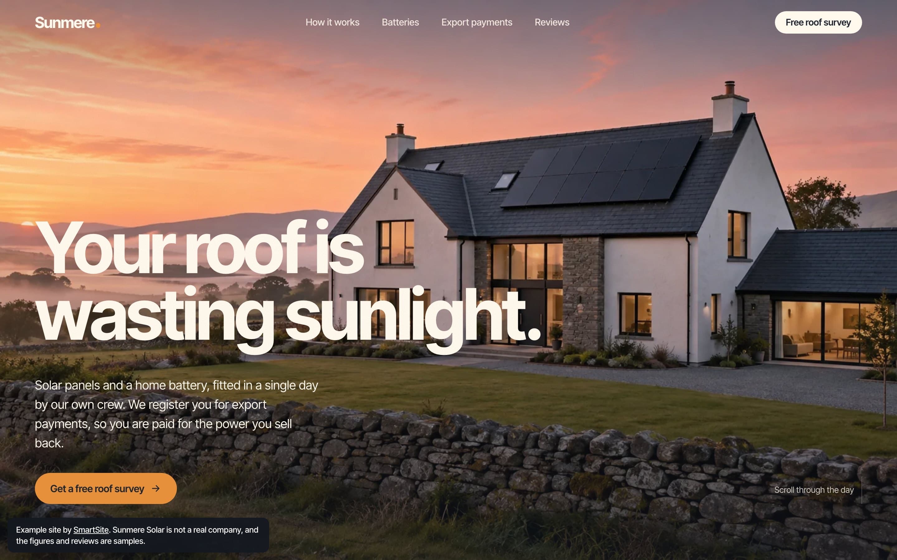 The Sunmere Solar example website, a farmhouse with solar panels at sunrise