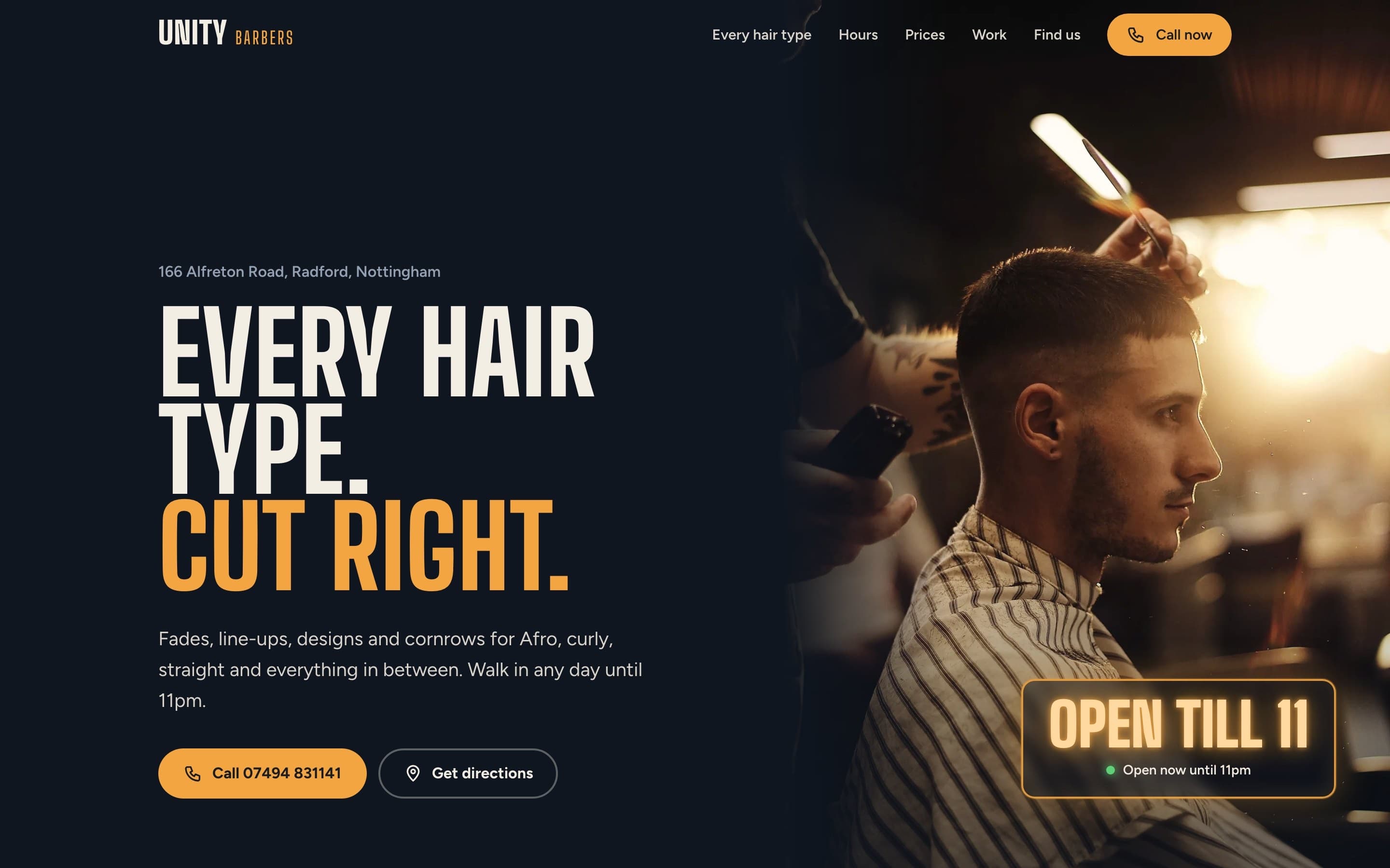 The Unity Barbers website on a desktop screen, with an open till 11 sign beside the headline