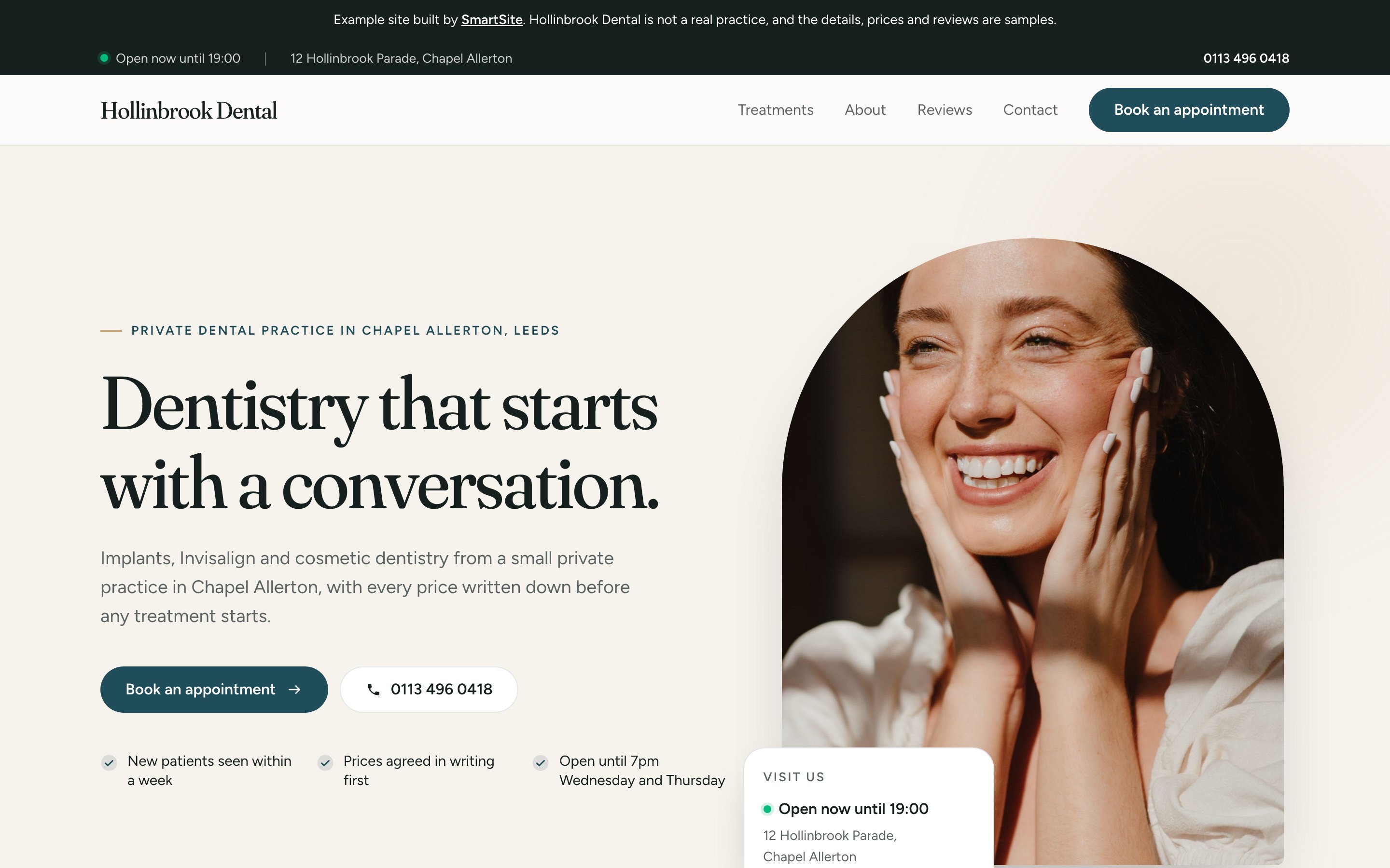 The Hollinbrook Dental example website on a desktop screen