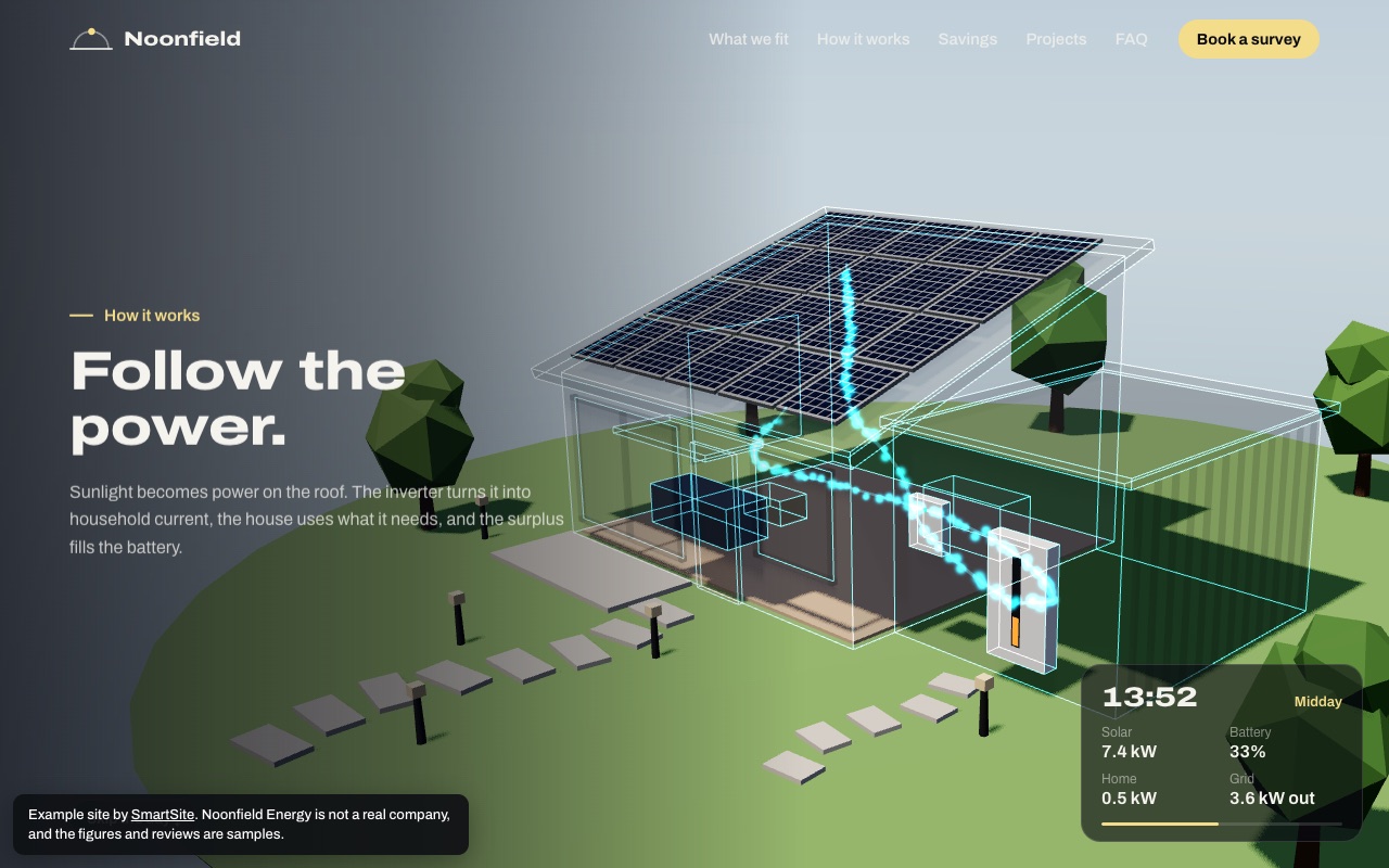 The Noonfield Energy example website, a 3D house showing power flowing from the solar panels to the battery